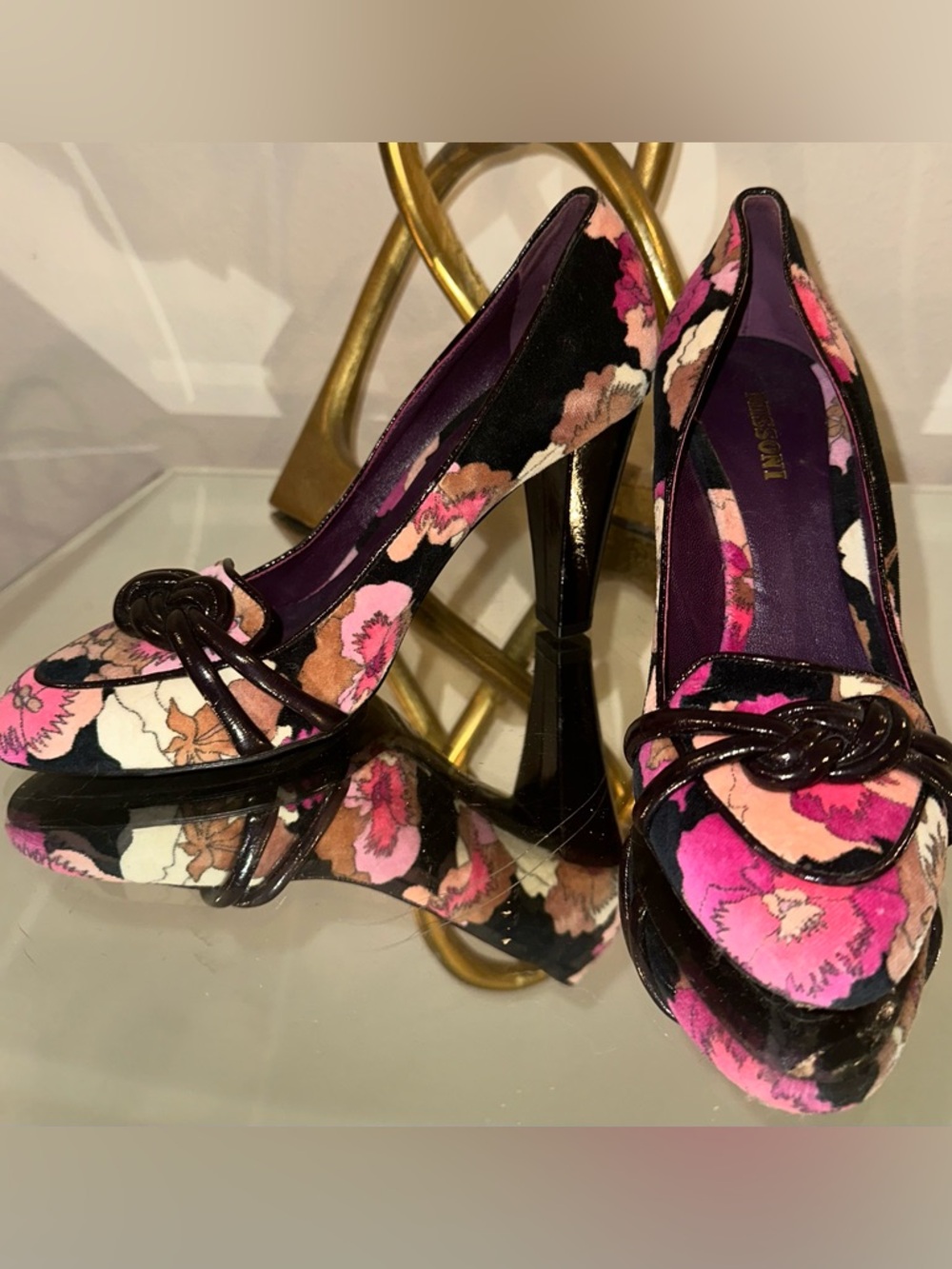 Beautiful Missoni patent Black leather Floral Pink Brown velvet